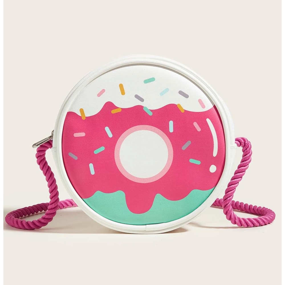 Novelty Donut‎ Round Crossbody Bag Pink Sprinkles White Faux Leather Rope Strap